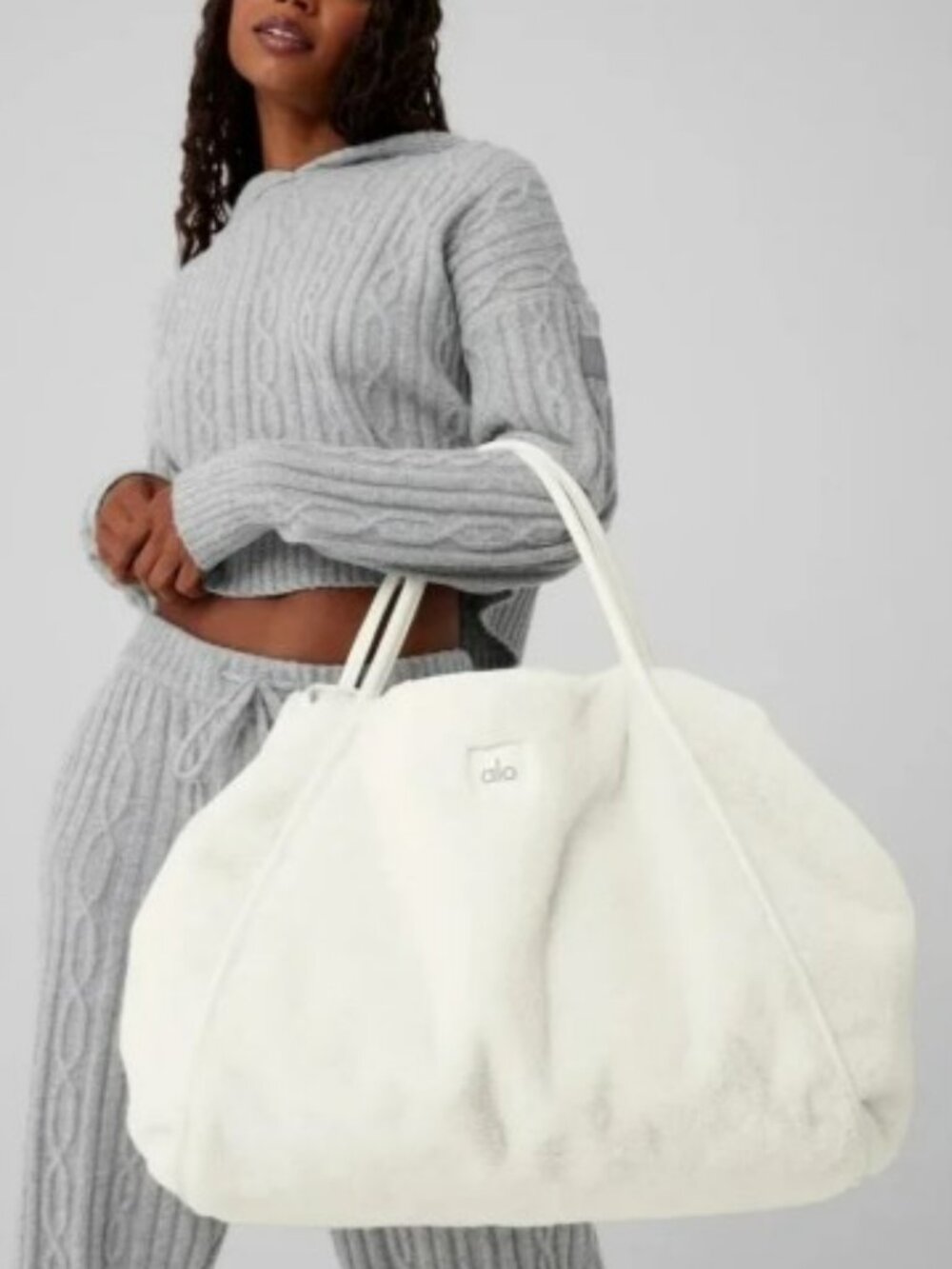 ALO Yoga Faux Fur Tote Bag Ivory Cream Plush Teddy Tote Large Carryall